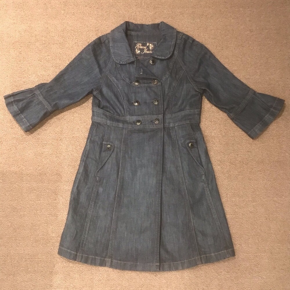 GUESS Long Denim Double Breasted Dress Jacket Stretch M